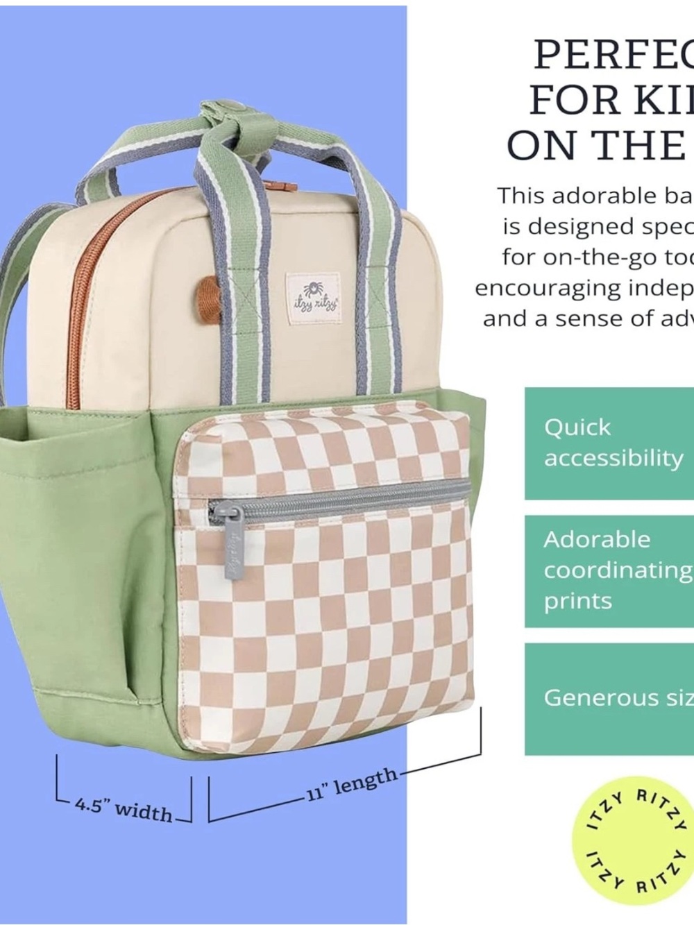 Itzy Ritzy Green & Cream Checkered Mini Backpack - Picture 2 of 5